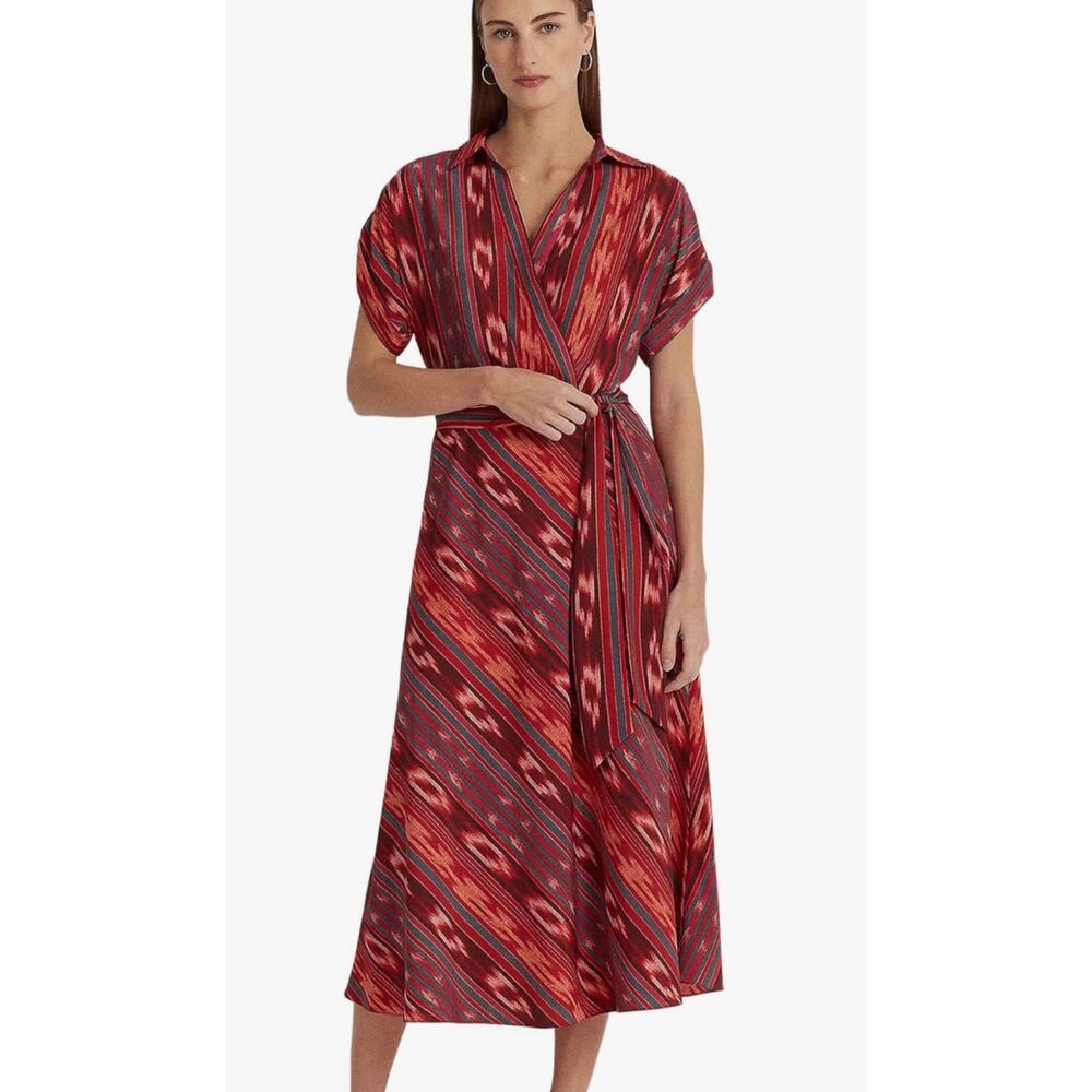 Ralph Lauren Geo Stripe Ikat Belted Crepe Surplice midi Dress size 8 | NEW $165